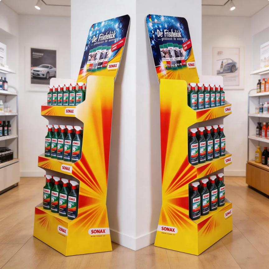 SONAX三层瓦楞纸落地式产品展示架定制 SONAX三层瓦楞纸落地式产品展示架定制