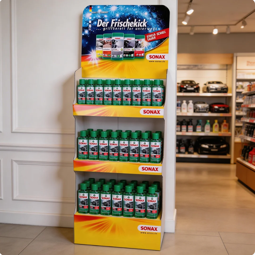 SONAX三层瓦楞纸落地式产品展示架定制 SONAX三层瓦楞纸落地式产品展示架定制