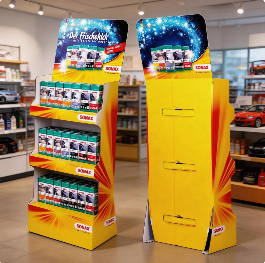 SONAX三层瓦楞纸落地式产品展示架定制 SONAX三层瓦楞纸落地式产品展示架定制