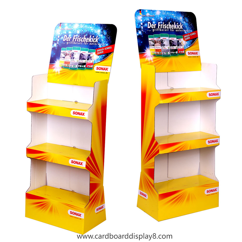 SONAX三层瓦楞纸落地式产品展示架定制 SONAX三层瓦楞纸落地式产品展示架定制