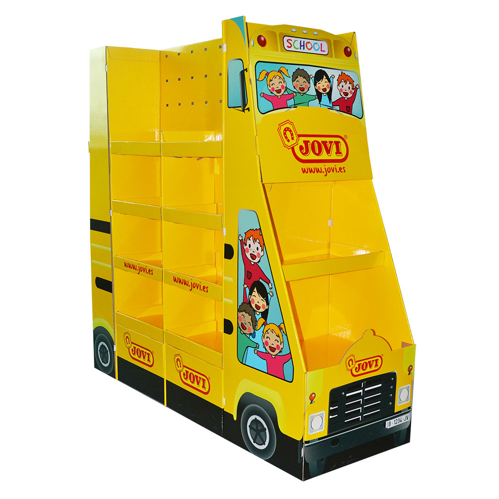 JOVI校车造型三层瓦楞纸落地式展示架 JOVI校车造型三层瓦楞纸落地式展示架