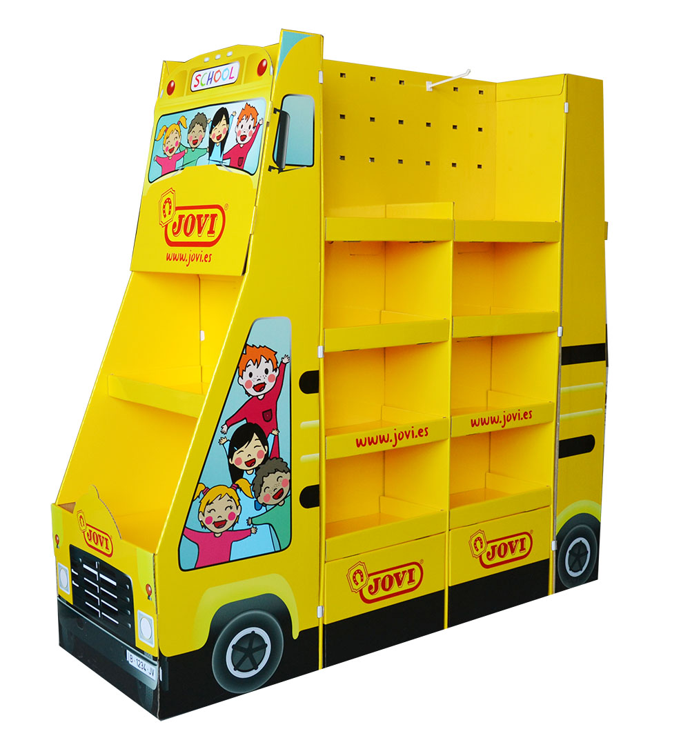 JOVI校车造型三层瓦楞纸落地式展示架 JOVI校车造型三层瓦楞纸落地式展示架