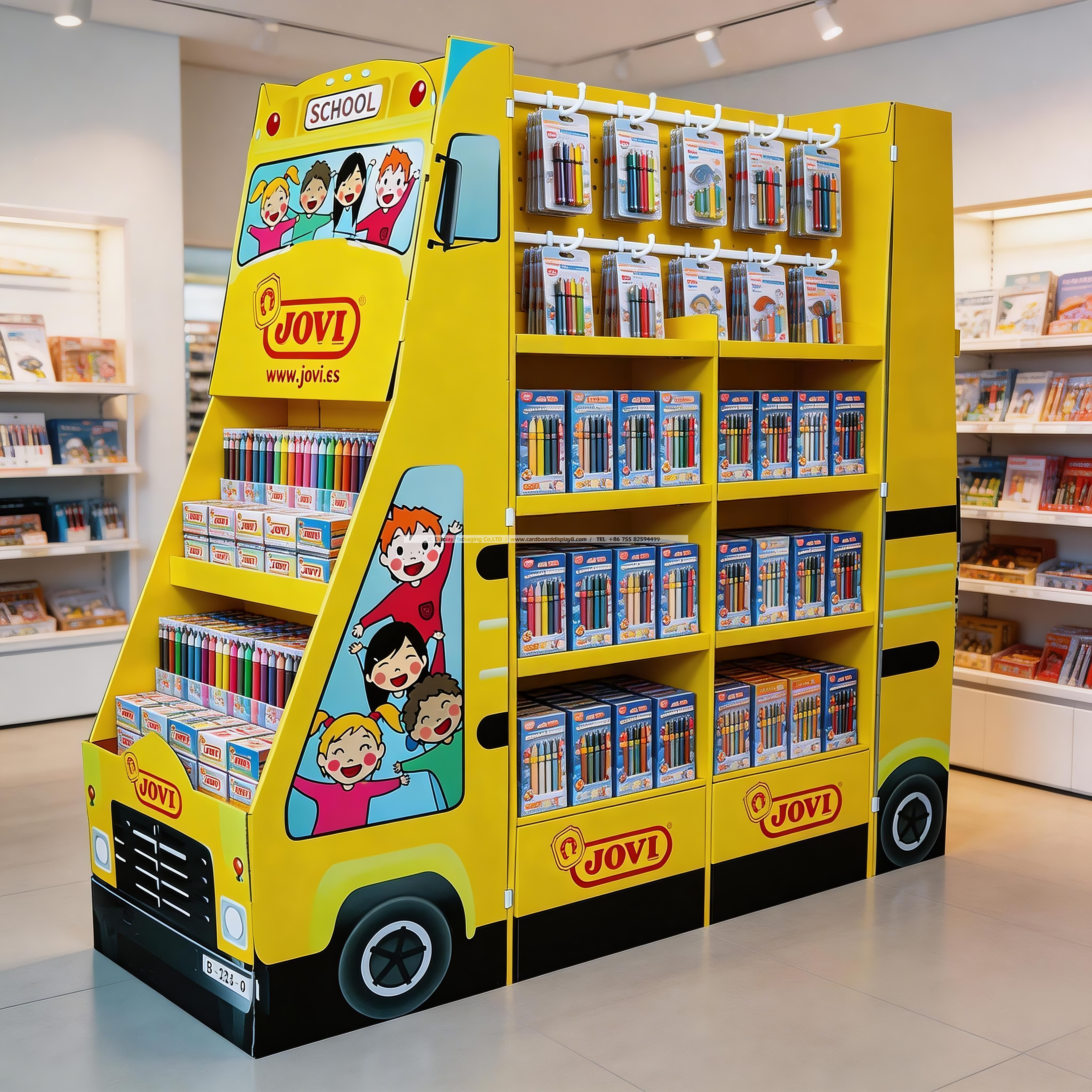 JOVI校车造型三层瓦楞纸落地式展示架 JOVI校车造型三层瓦楞纸落地式展示架