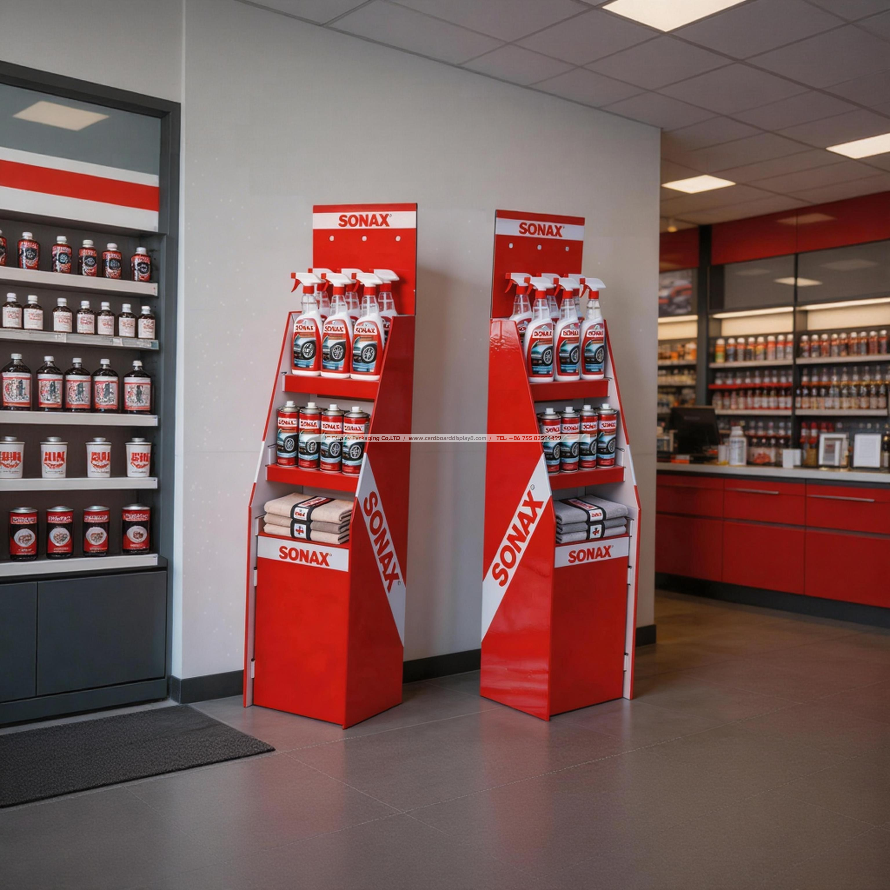 SONAX定制瓦楞纸落地式展示架:商超汽车护理产品促销的高效展示利器 SONAX定制瓦楞纸落地式展示架:商超汽车护理产品促销的高效展示利器
