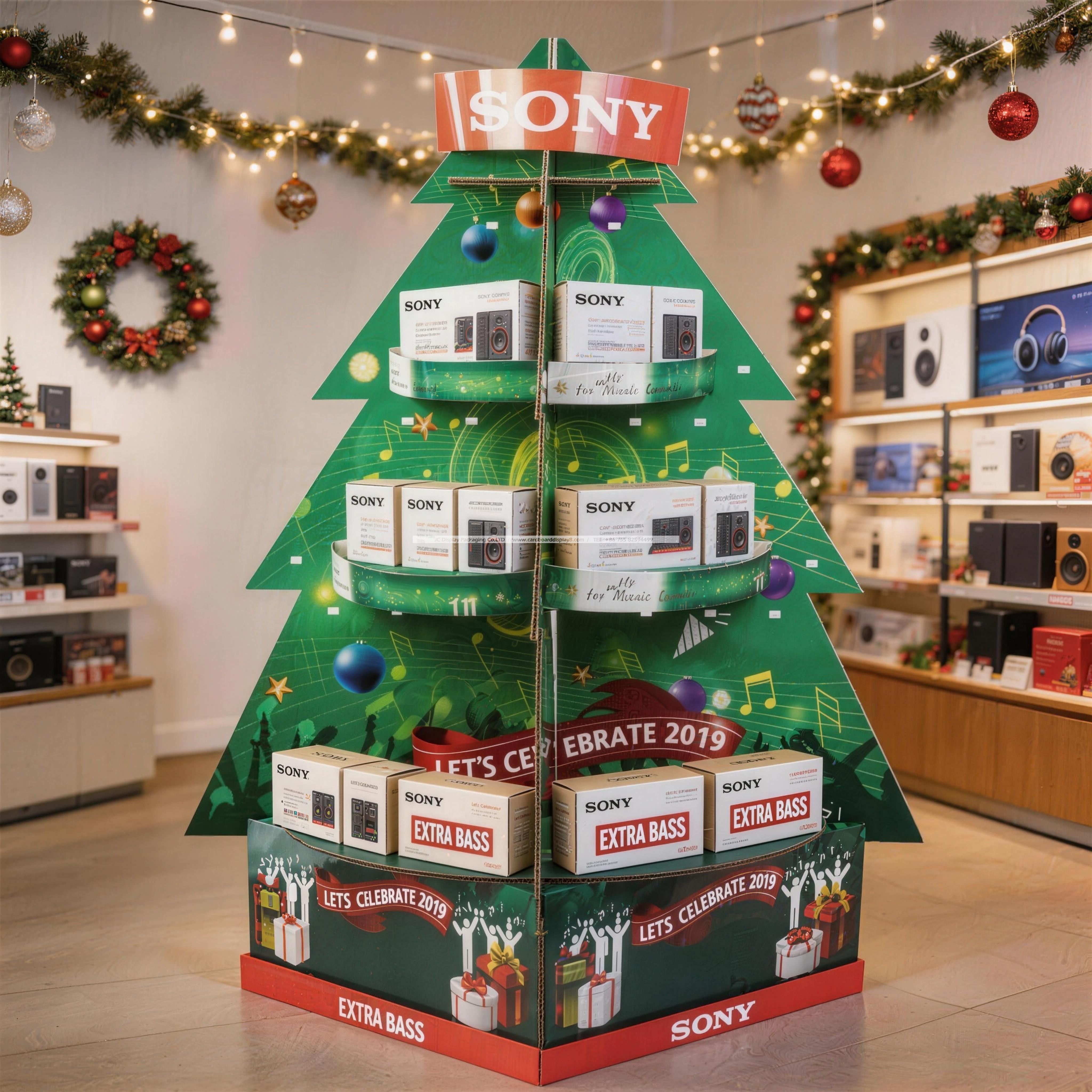 SONY圣诞树造型瓦楞纸落地式展示架:商超影音产品促销的吸睛展示神器 SONY圣诞树造型瓦楞纸落地式展示架:商超影音产品促销的吸睛展示神器