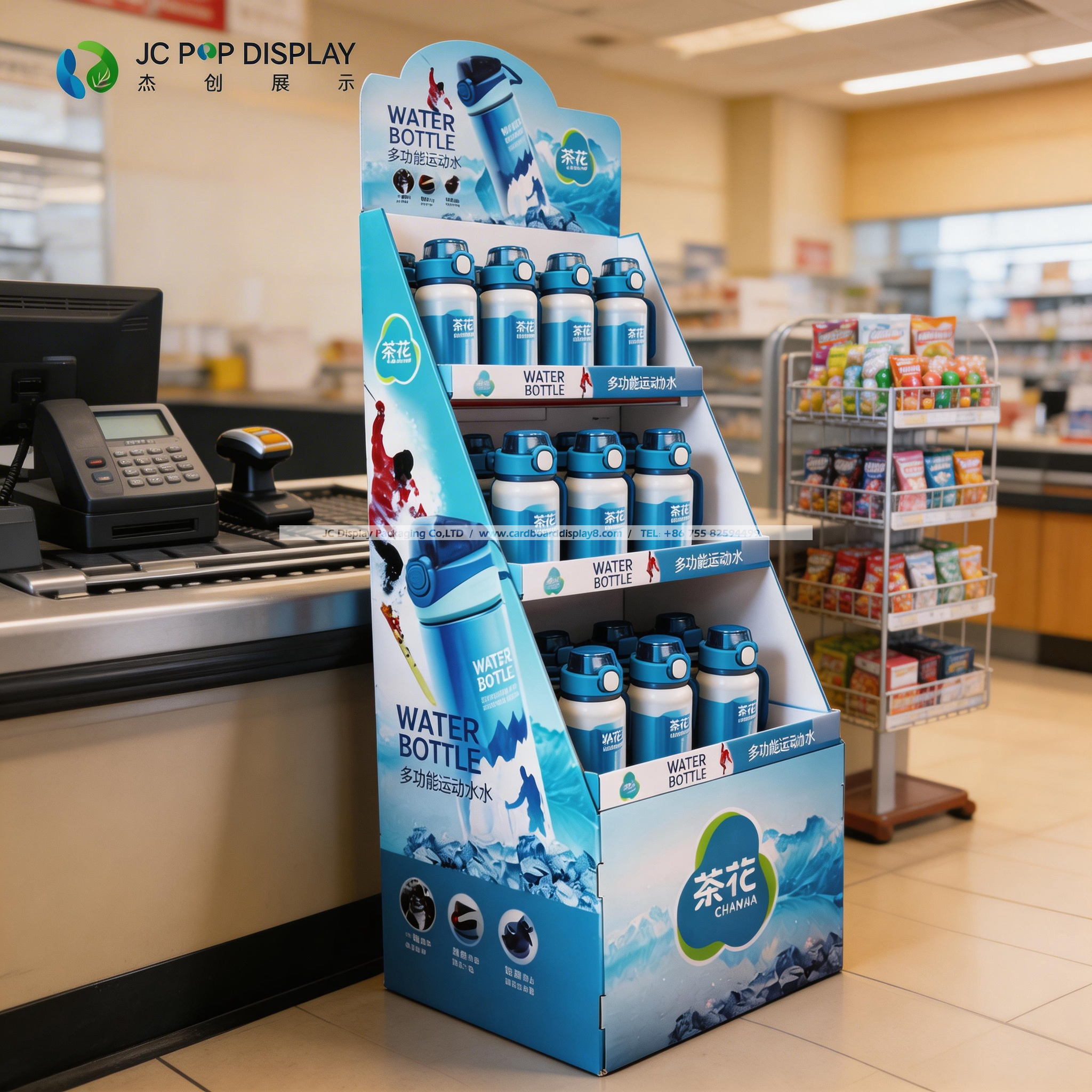 定制茶花多功能运动水杯纸板展示架源头工厂