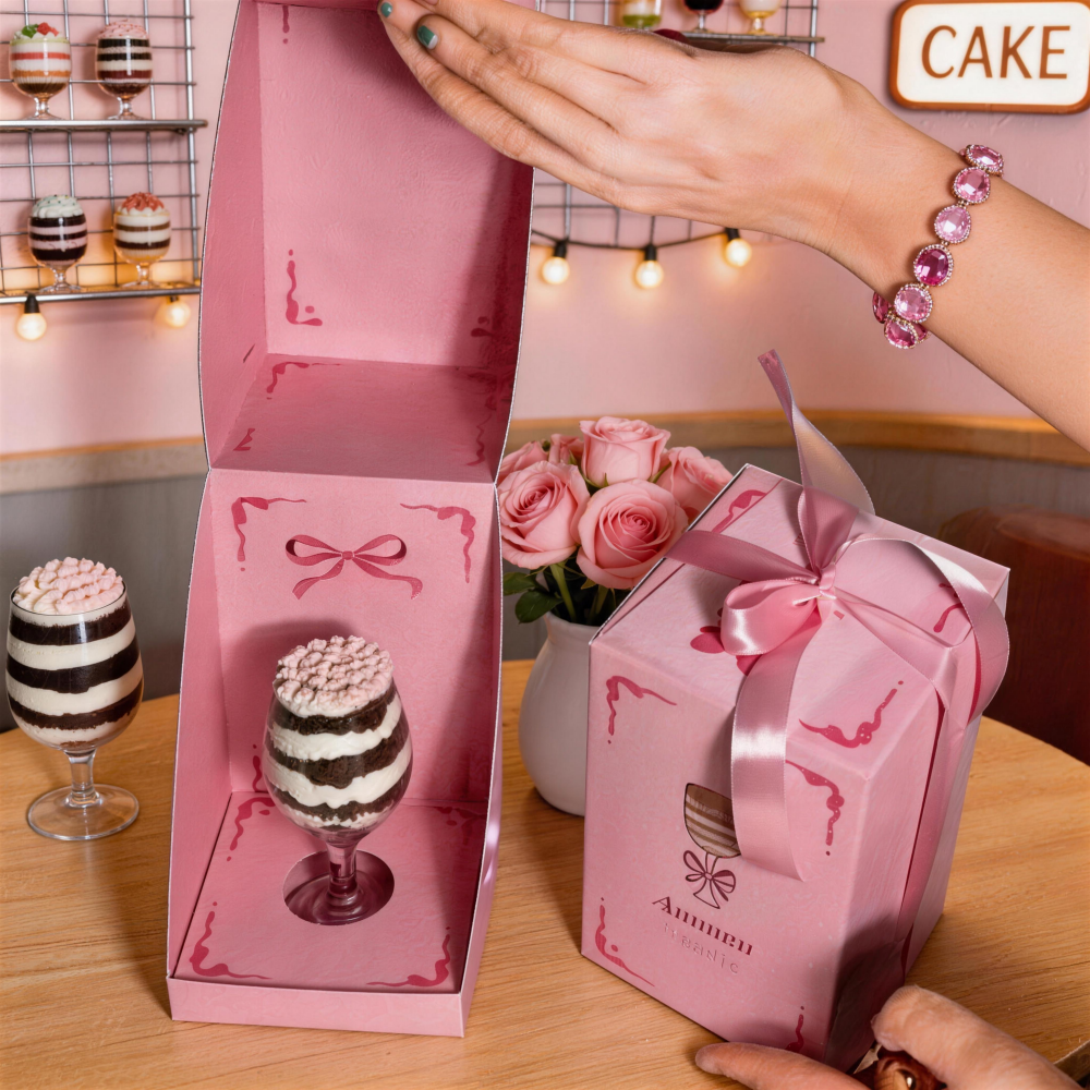 带鲜花装饰的高脚杯甜品定制专属包装展示盒