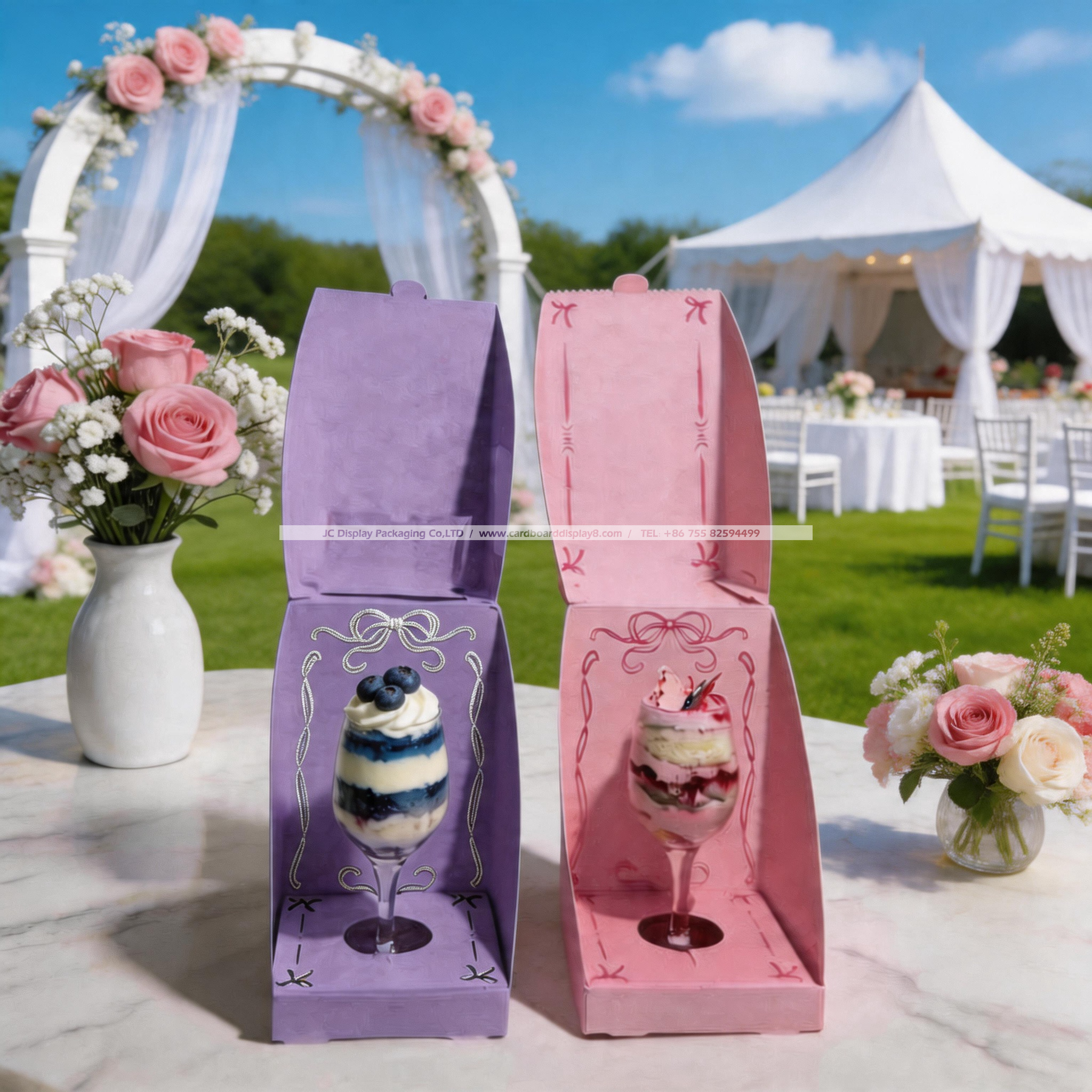 带鲜花装饰的高脚杯甜品定制专属包装展示盒