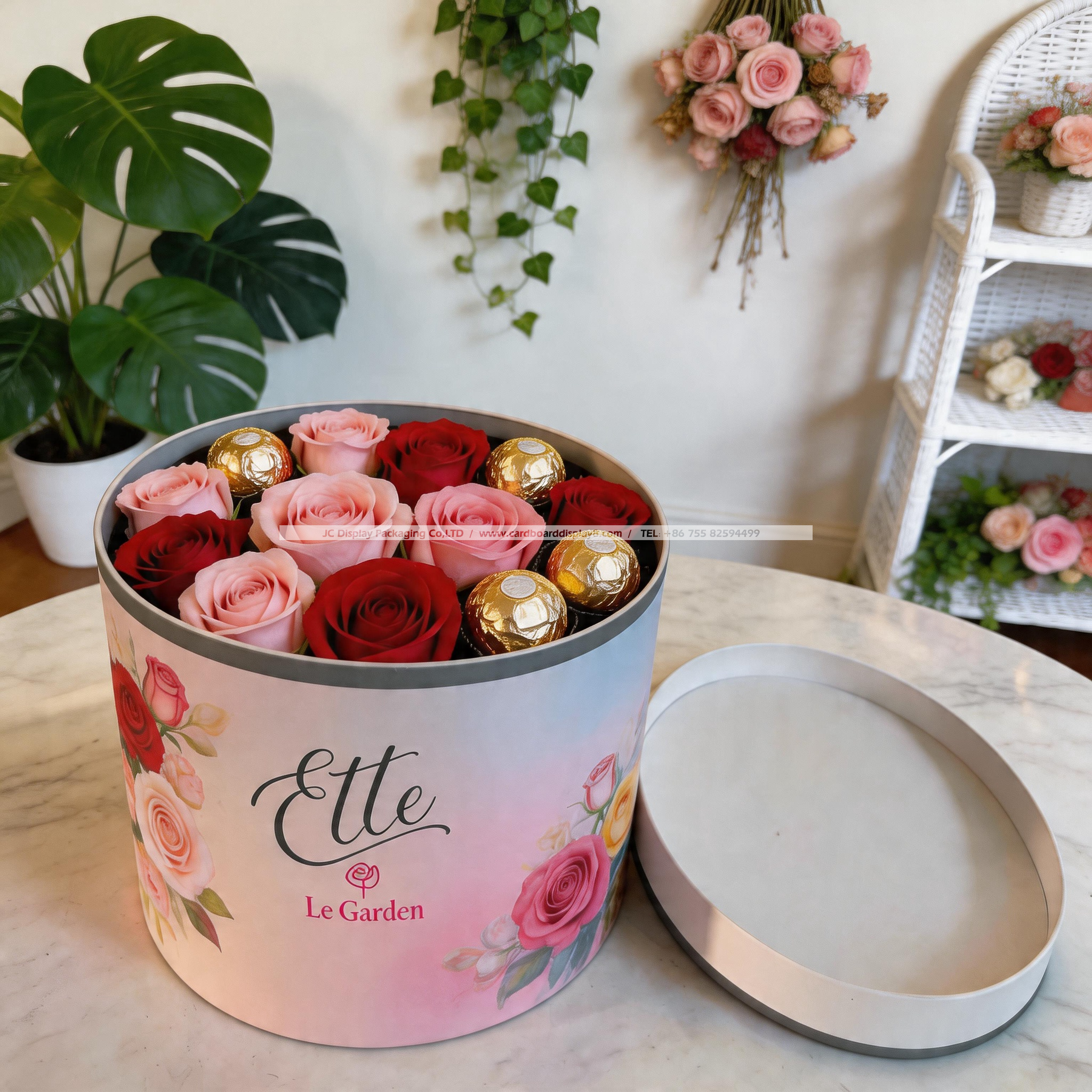 定制粉嫩圆形纸质鲜花巧克力包装礼盒