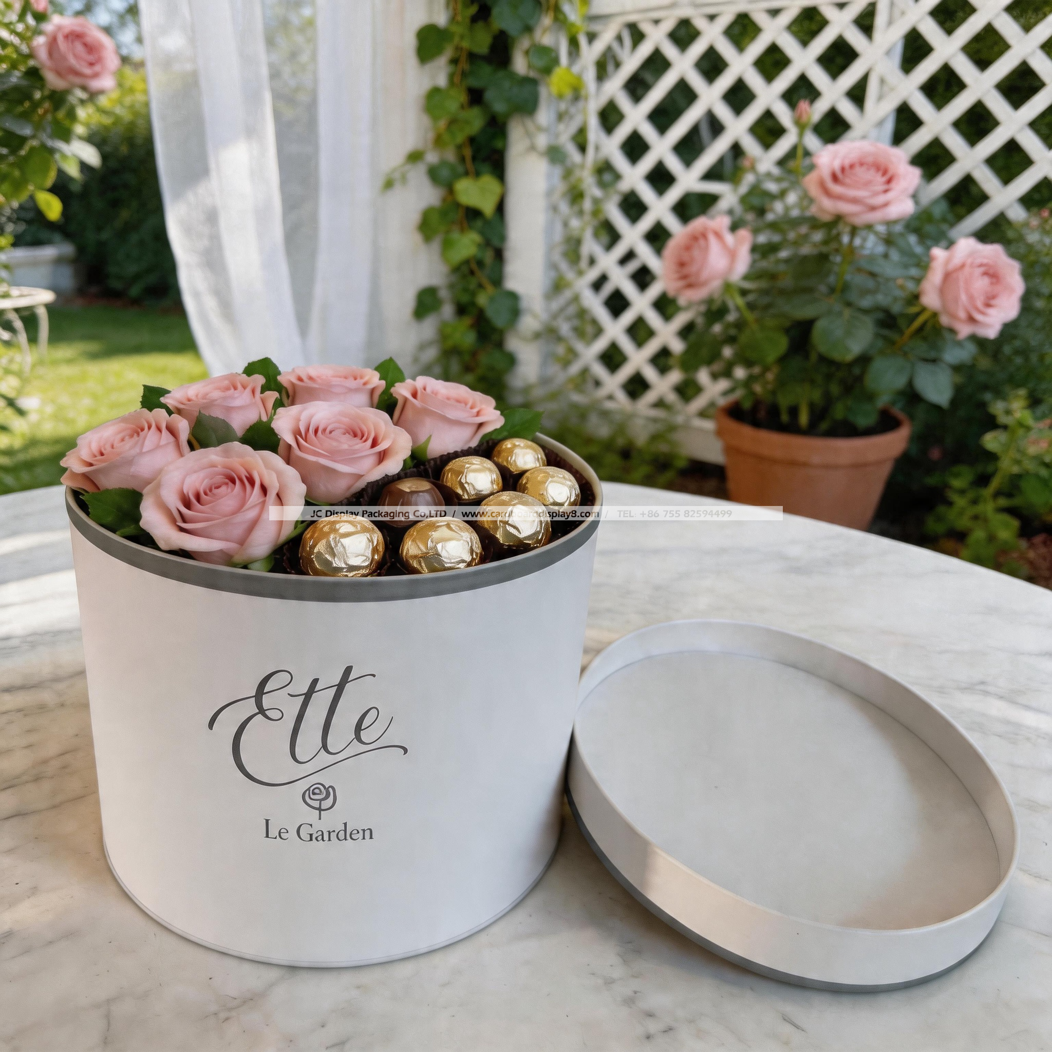 定制粉嫩圆形纸质鲜花巧克力包装礼盒