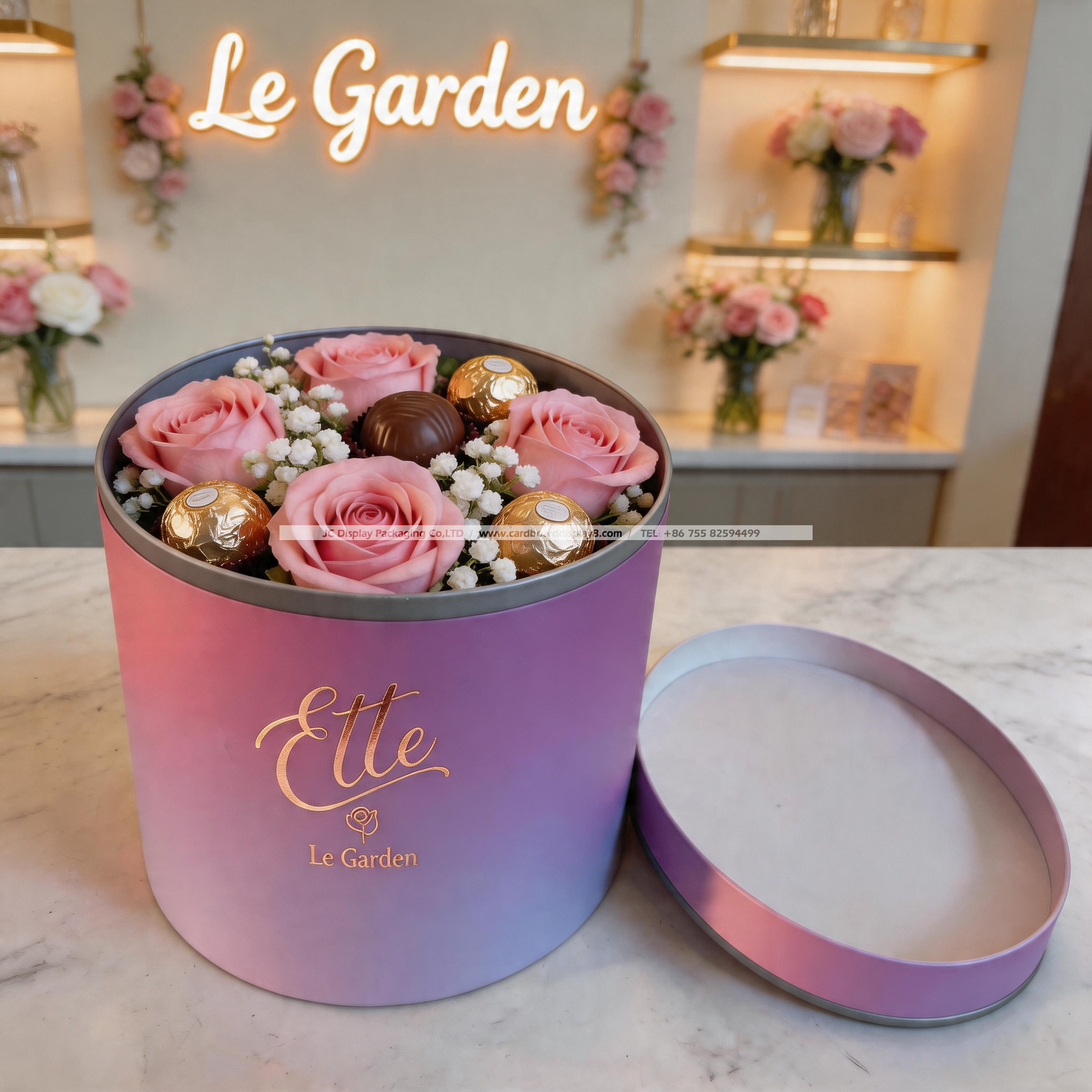 定制粉嫩圆形纸质鲜花巧克力包装礼盒