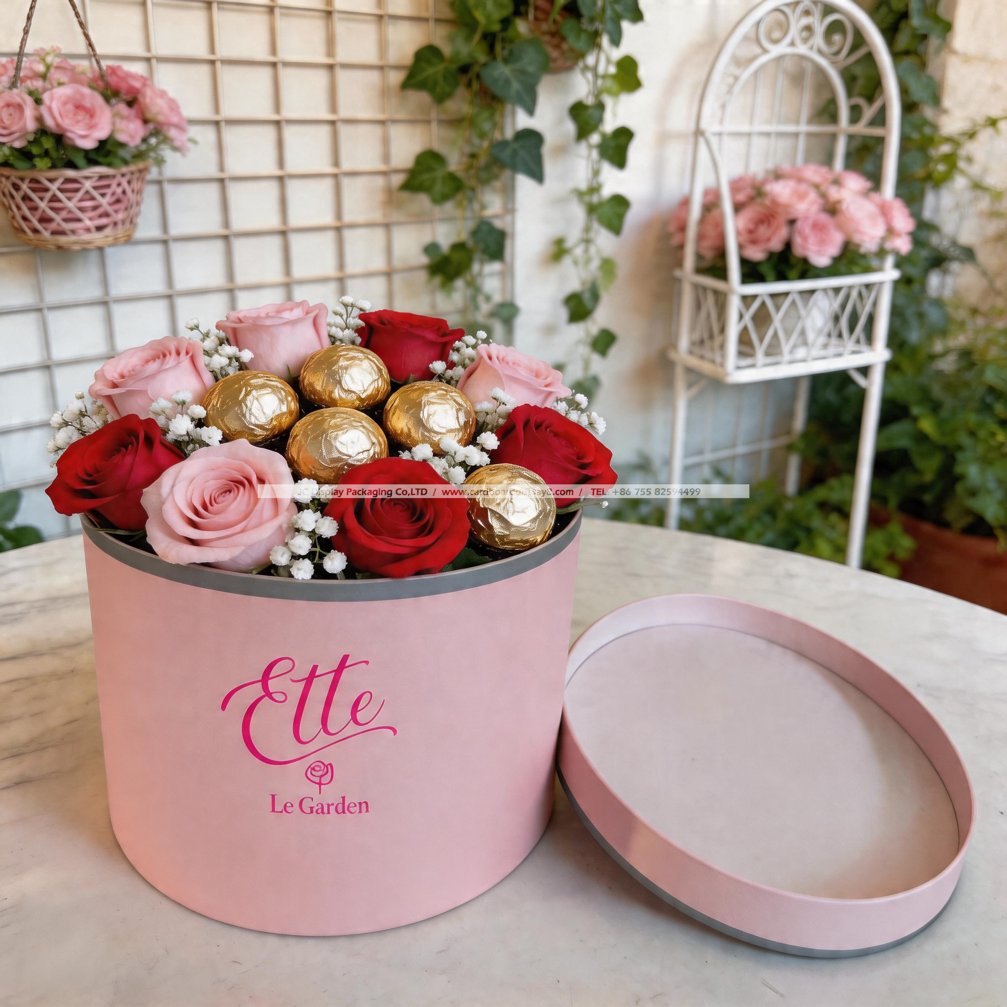 定制粉嫩圆形纸质鲜花巧克力包装礼盒