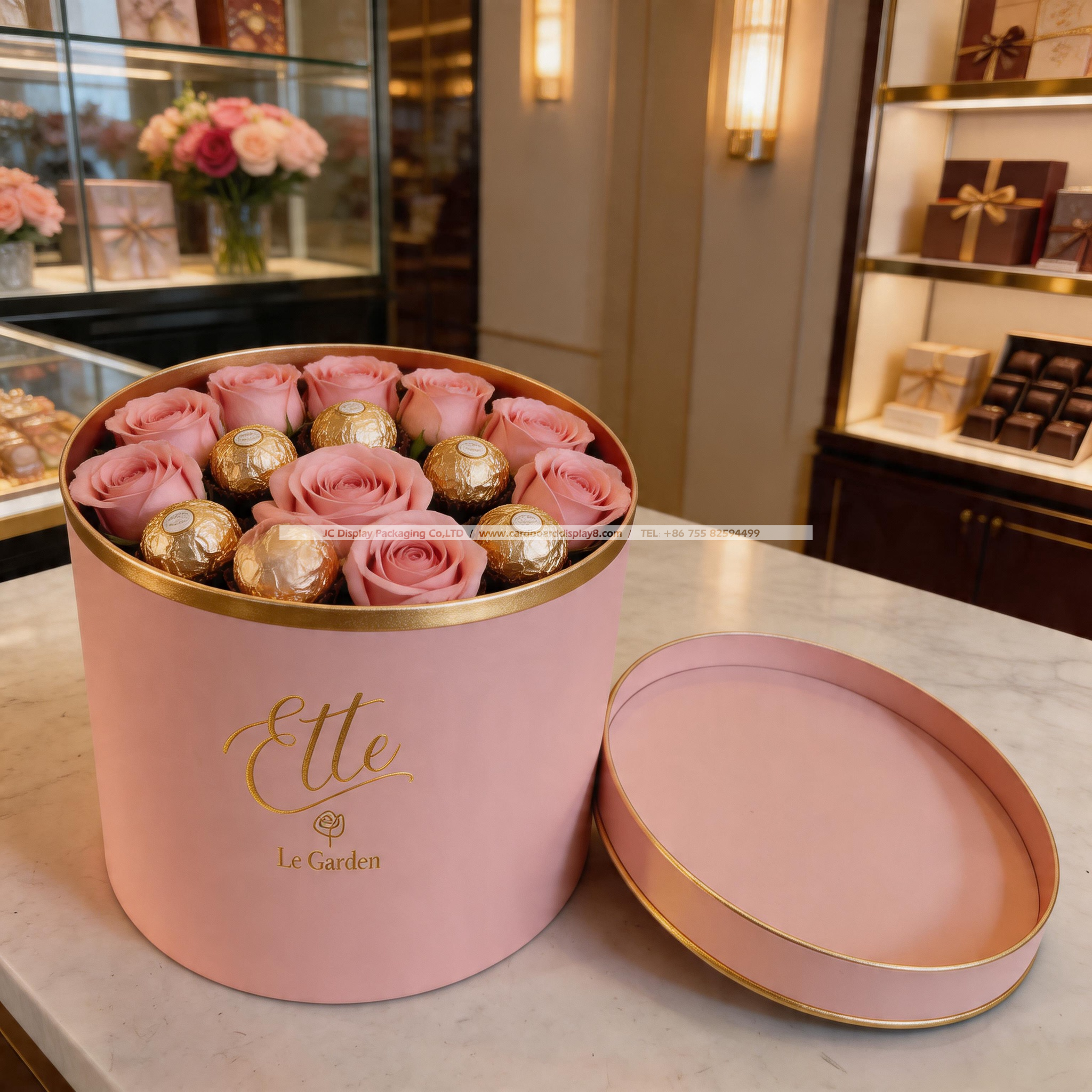 定制粉嫩圆形纸质鲜花巧克力包装礼盒