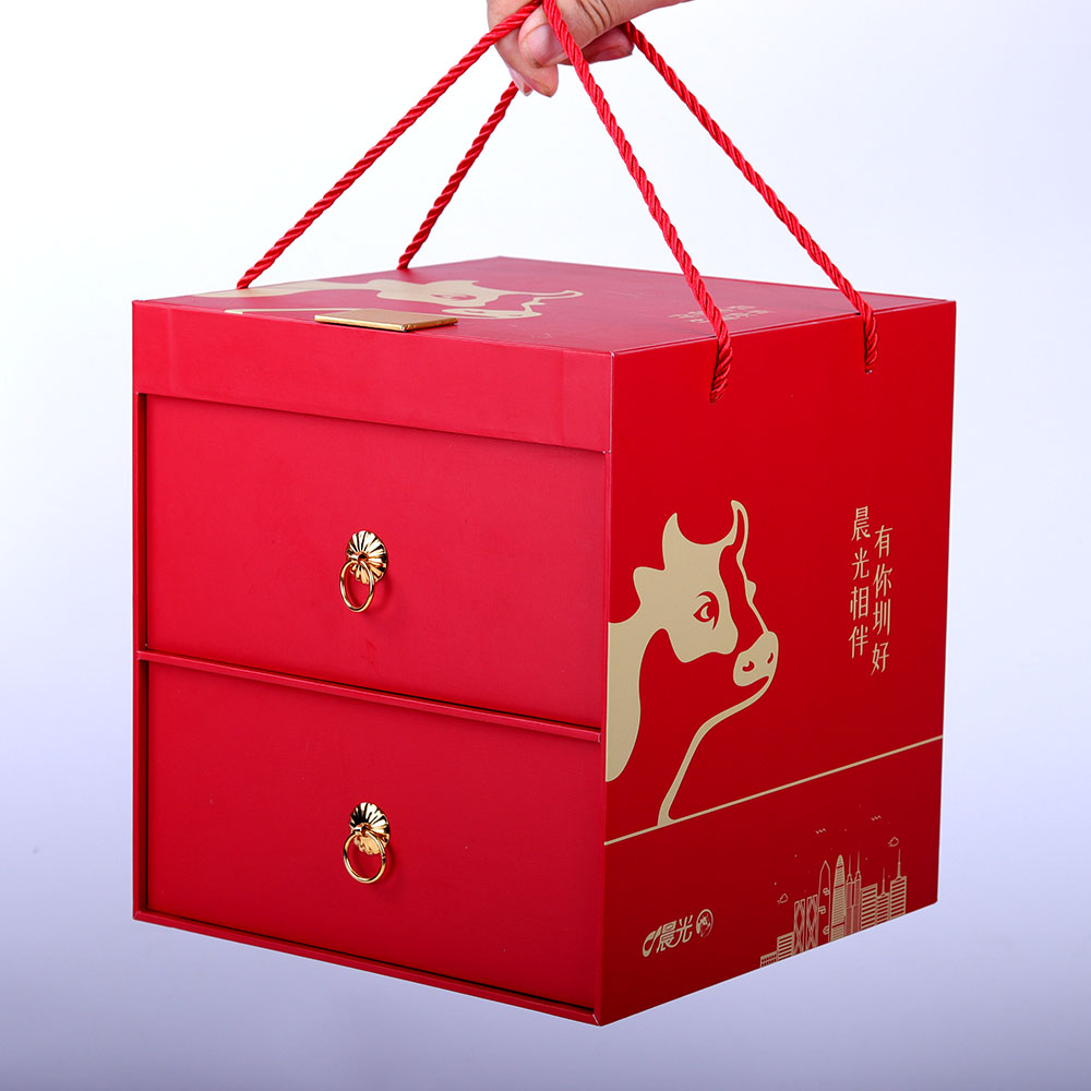 定制红色文具产品纸质包装盒双层抽屉礼盒