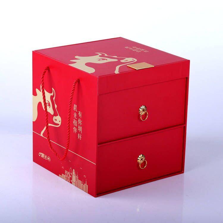 定制红色文具产品纸质包装盒双层抽屉礼盒