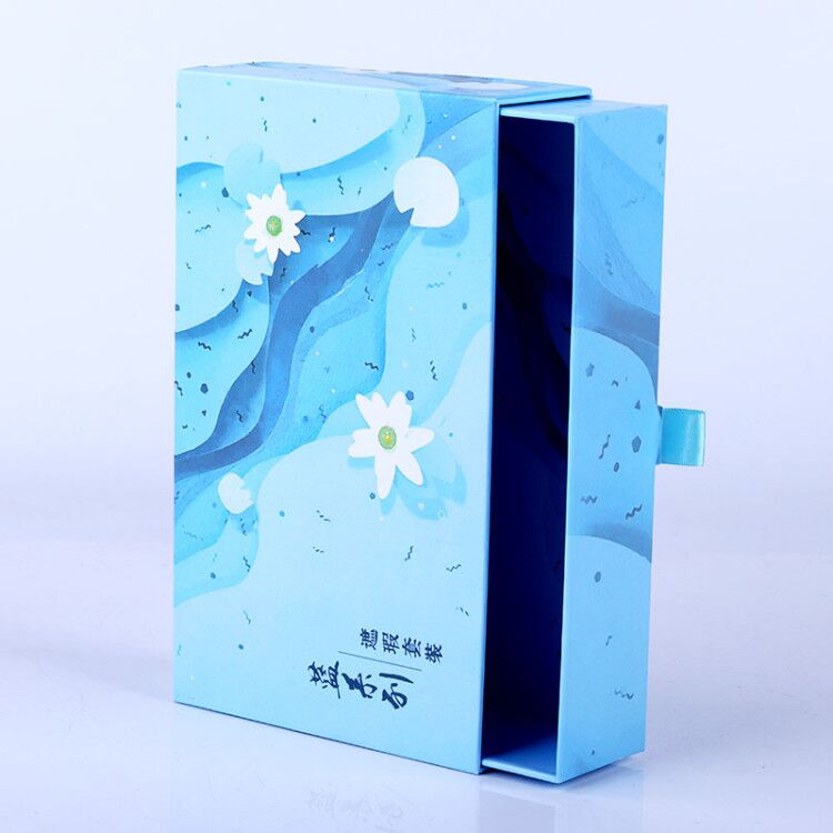 定制蓝色硬纸板彩妆产品包装抽屉礼盒